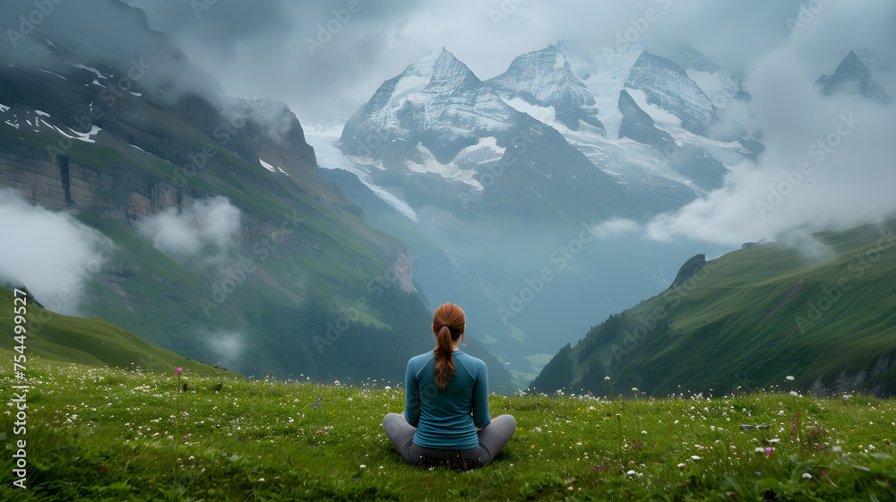 Mountain Serenity: Young Woman Meditating in the Peaceful Summer Nature. Generative AI