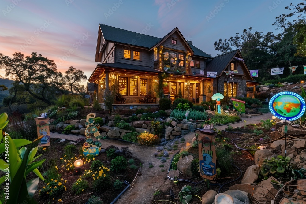 A traditional home nestled on a hill, its façade and surroundings festooned with Earth Day decorations that pay homage to the planet's natural beauty.