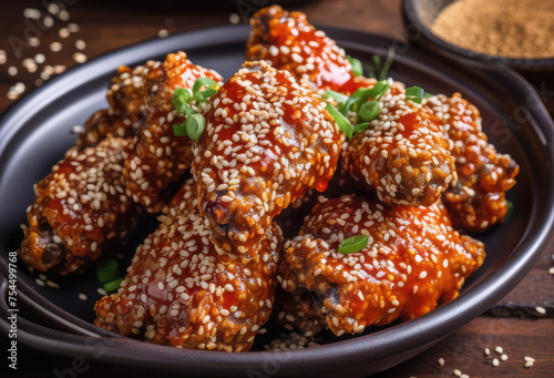 General Tso crispy chicken with susame in a bowl. Far east, Thai, Japanese, Korean, Chinese cuisine. Close-up photo