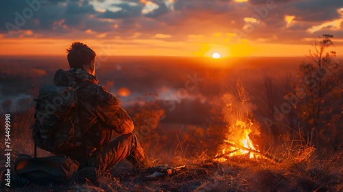 Lonely soldier seated beside a small fire, lost in thought, with his weapon resting beside him, the distant sounds of nature his only company