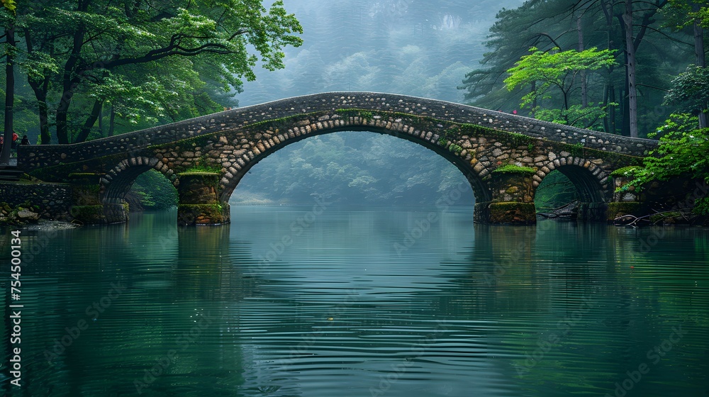 Fototapeta premium A bridge spanning a serene lake, connecting two lands, with people from both sides meeting in the middle to exchange gifts and stories, a testament to friendship and peace