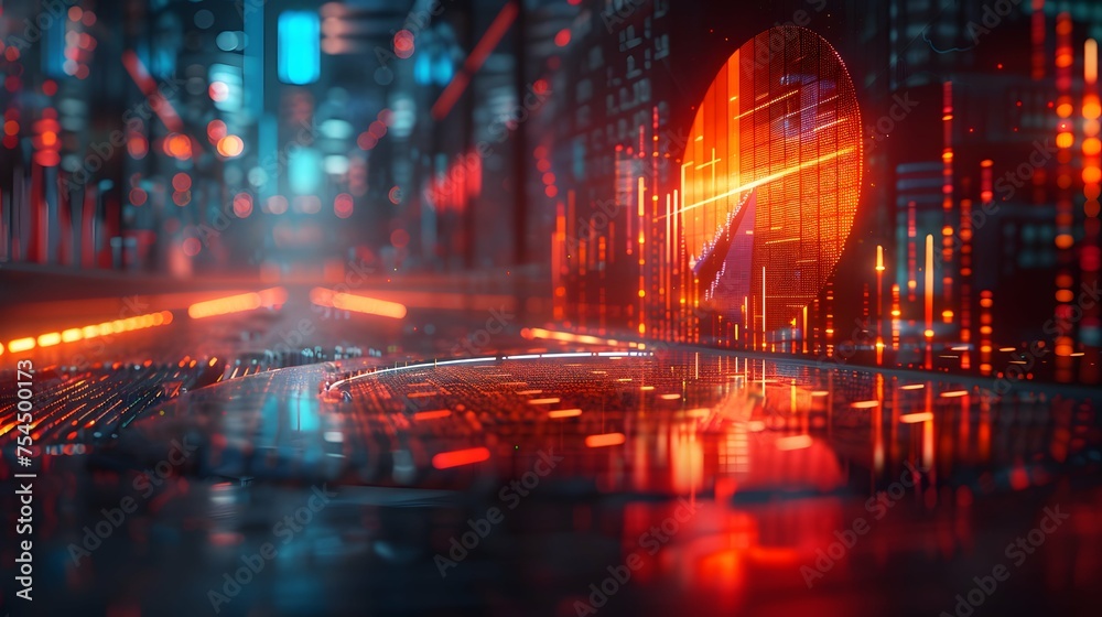 Obraz premium A dynamic 3D pie chart and bar graphs representing 'Business Audit' data, floating above a virtual stock market floor, symbolizing precision and strategy