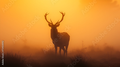 Red Deer Stag Silhouette in the Mist and Glossy Horns, Generative Ai