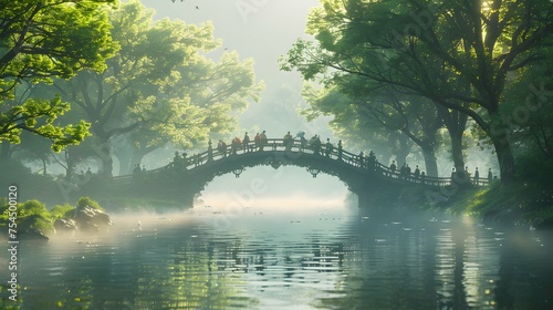 A bridge spanning a serene lake, connecting two lands, with people from both sides meeting in the middle to exchange gifts and stories, a testament to friendship and peace
