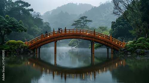 A bridge spanning a serene lake, connecting two lands, with people from both sides meeting in the middle to exchange gifts and stories, a testament to friendship and peace photo