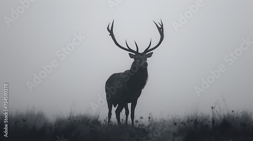 Red Deer Stag Silhouette in the Mist and Glossy Horns  Generative Ai