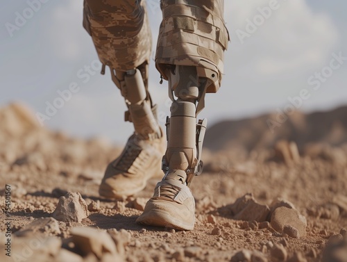 bionic prosthetic leg for military and army soldiers. Close-up. war and combat. Military camp. © Vitalii