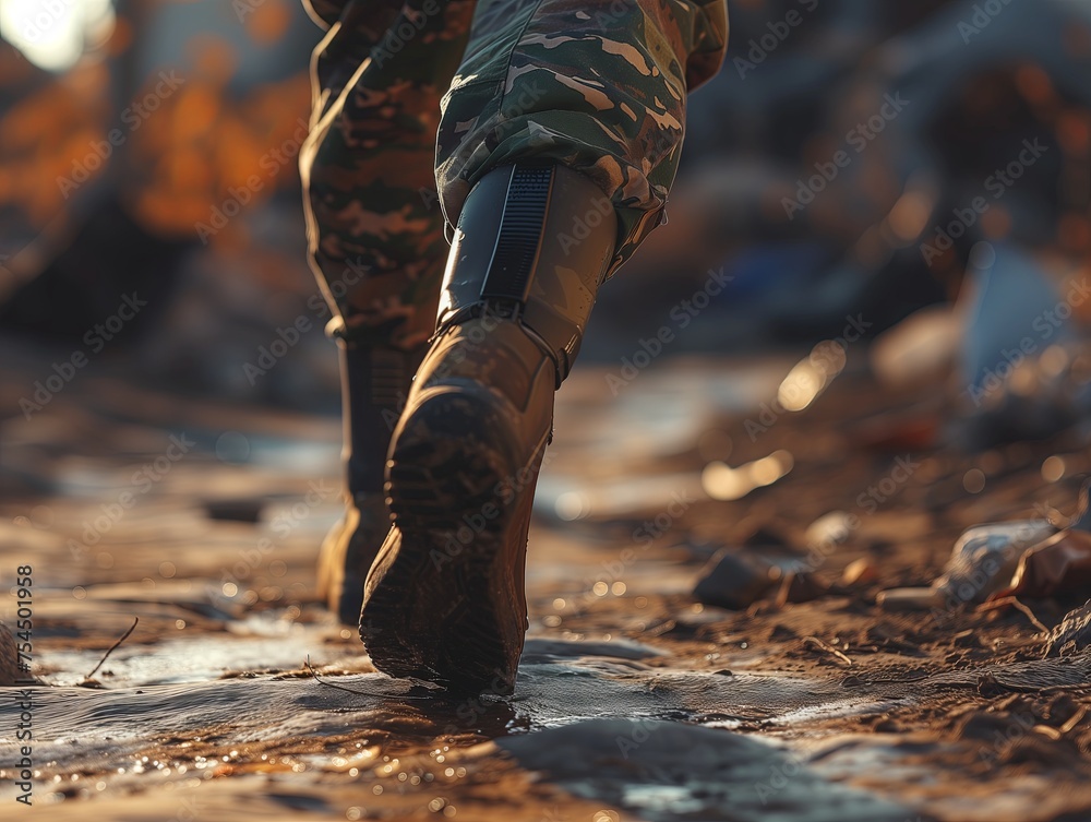 bionic prosthetic leg for military and army soldiers. Close-up. war and combat. Military camp. bionic prosthetic leg for military and army soldiers. Close-up. war and combat. Military camp.