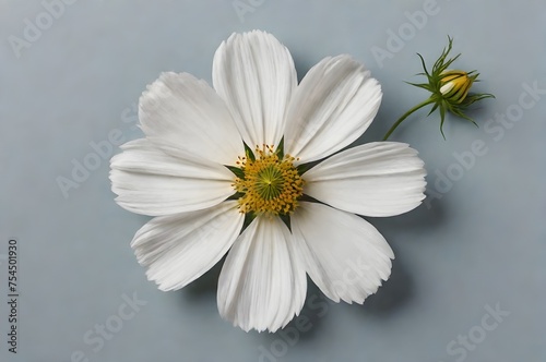 White cosmos flower head and a flower bud on a light blue background  top view wallpaper