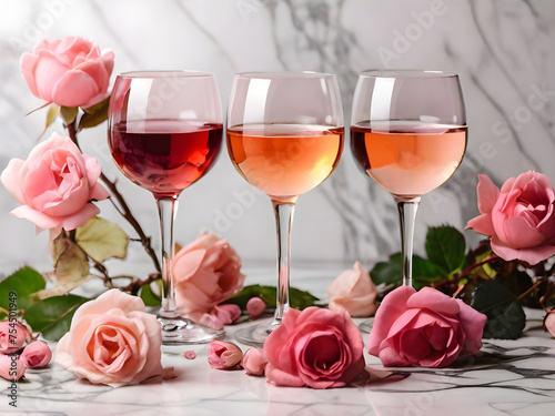 Various shades of rose wine. Flat-lay of rose wine in different colors in glasses and spring blossom flowers over marble background, top view. Wine shop, bar, tasting, seasonal wine list concept