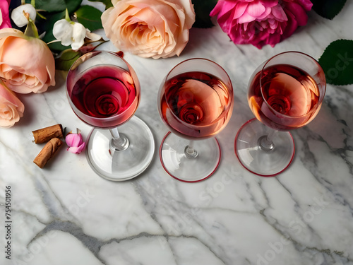 Various shades of rose wine. Flat-lay of rose wine in different colors in glasses and spring blossom flowers over marble background, top view. Wine shop, bar, tasting, seasonal wine list concept