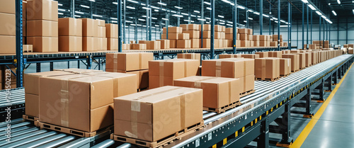 Cardboard boxes on conveyor belts and rows of boxes in a distribution warehouse