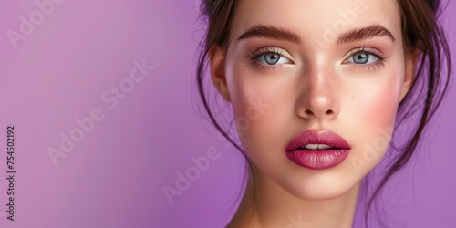 brunette girl portrait on Purple Background