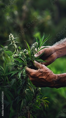 Full frame of hand holding Medical Cannabis plant against dark backdrop. AI generated illustration