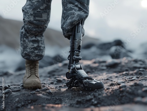 bionic prosthetic leg for military and army soldiers. Close-up. war and combat. Military camp.