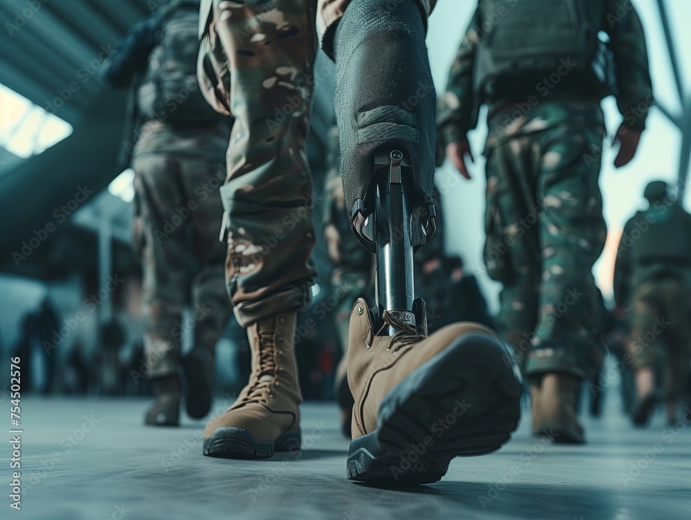 bionic prosthetic leg for military and army soldiers. Close-up. war and combat. Military camp. bionic prosthetic leg for military and army soldiers. Close-up. war and combat. Military camp.