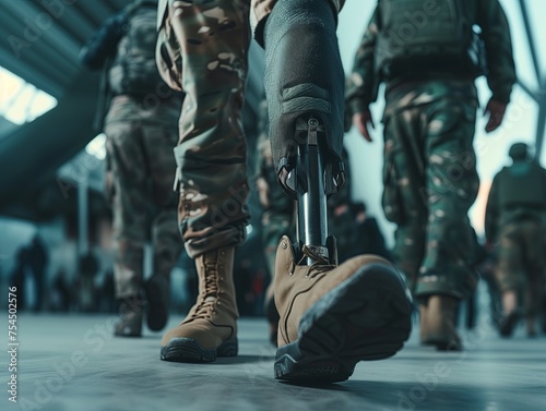 bionic prosthetic leg for military and army soldiers. Close-up. war and combat. Military camp.