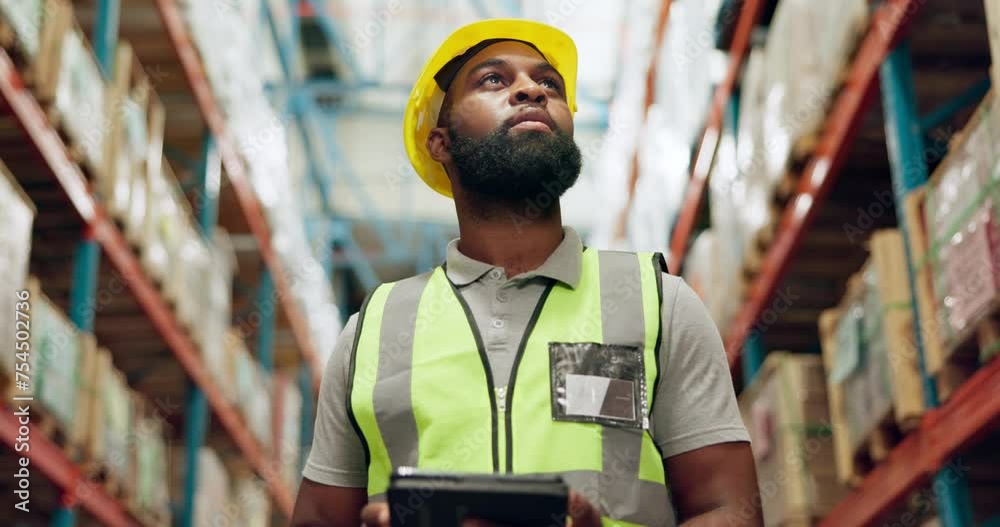 Walking, warehouse and black man with tablet for inspection, inventory and online stock. Shipping, distribution and person on digital tech for logistics, maintenance and manufacturing in factory