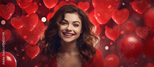 A smiling woman stands in front of a bunch of red heart-shaped balloons, embodying love and happiness for Valentines Day.