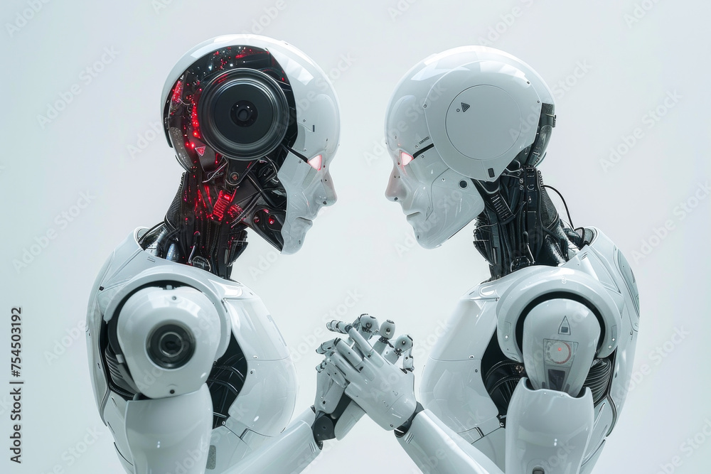 Two humanoid robots facing each other with one having a transparent head showcasing internal circuitry. Studio photography with a minimalist white background. Two humanoid robots facing each other with one having a transparent head showcasing internal circuitry. Studio photography with a minimalist white background.