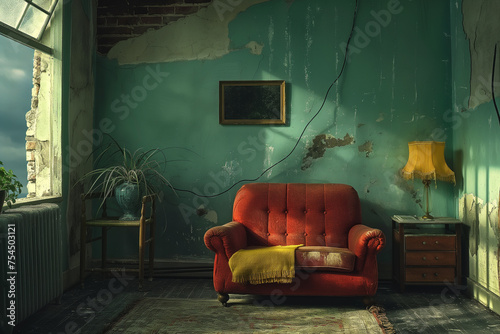 Neglected interior of an old living room with open window - concept of leaving the comfort zone
