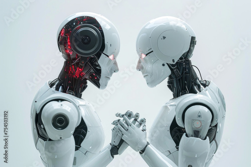 Two humanoid robots facing each other with one having a transparent head showcasing internal circuitry. Studio photography with a minimalist white background.
