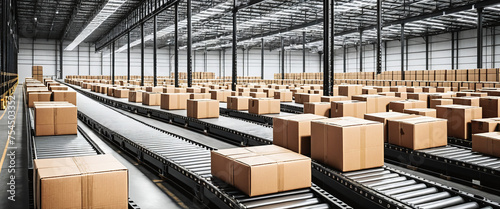 Cardboard boxes on conveyor belts and rows of boxes in a distribution warehouse