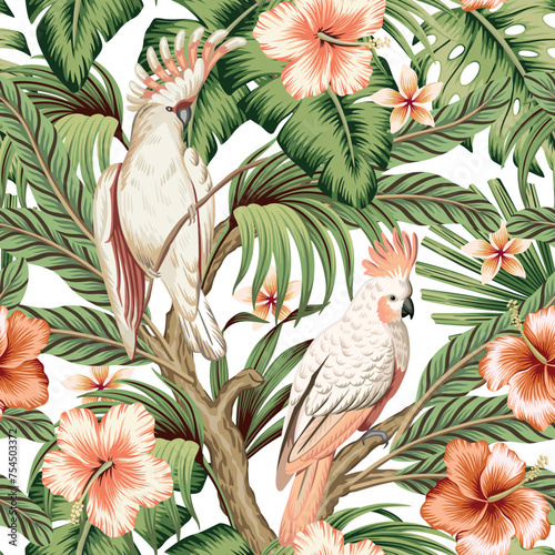 Tropical vintage palm leaves, pink cockatoo parrot, hibiscus flower seamless pattern white background. Exotic jungle floral wallpaper.