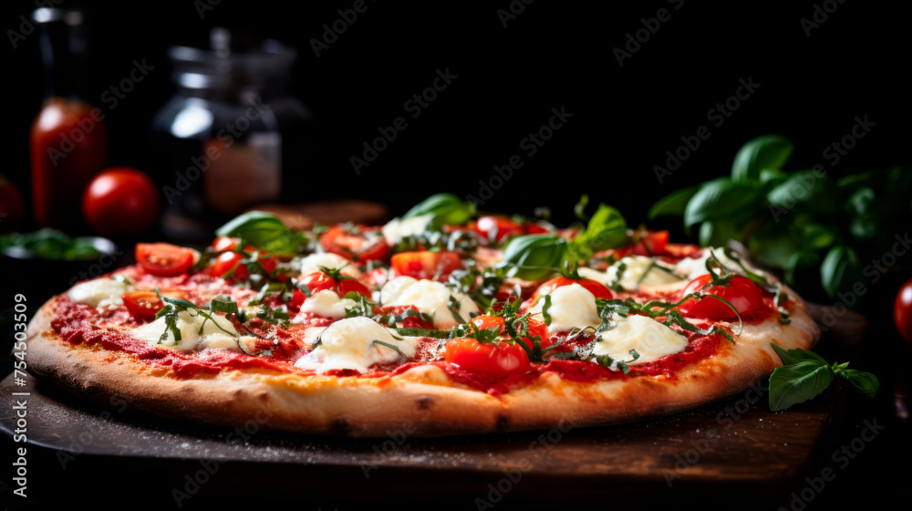 Margherita pizza, Italian pizza with a delicious taste. mozzarella, tomato sauce and basil on top. resting on a table Margherita pizza, Italian pizza with a delicious taste. mozzarella, tomato sauce and basil on top. resting on a table