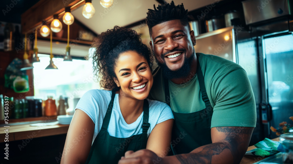 Portrait of a young couple of shopkeepers. Two smiling young adults are standing in their grocery store Portrait of a young couple of shopkeepers. Two smiling young adults are standing in their grocery store