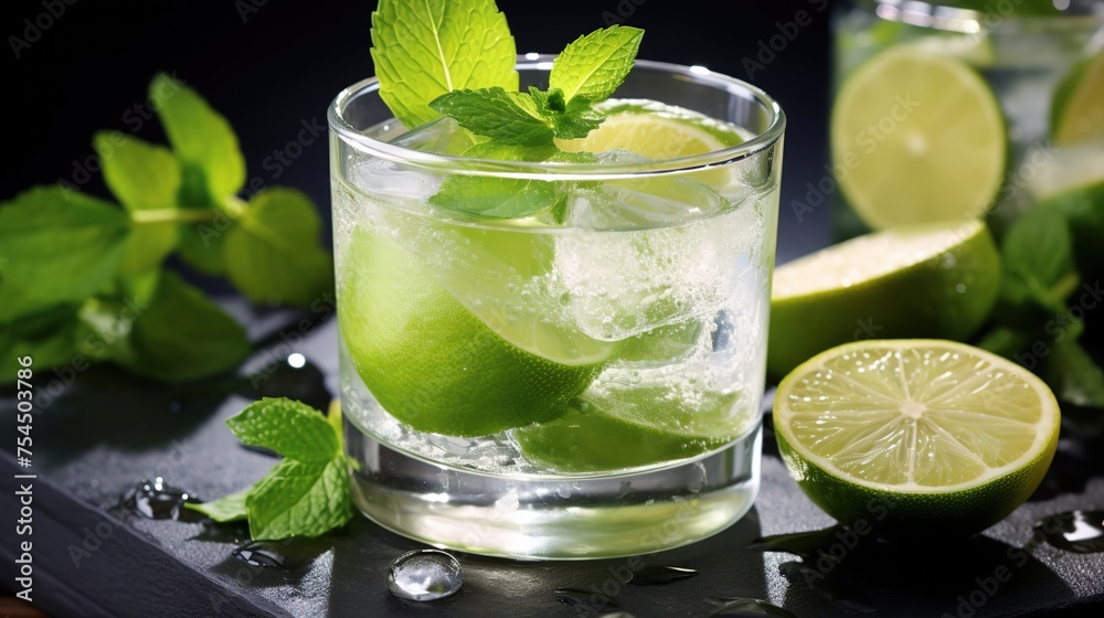 mojito cocktail with lime and lemon, ice cubes and mint. a cool alcoholic drink with lemon and lime in a glass mojito cocktail with lime and lemon, ice cubes and mint. a cool alcoholic drink with lemon and lime in a glass