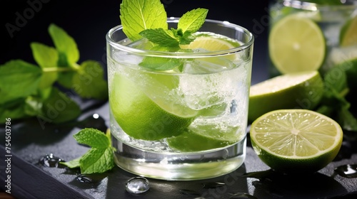 mojito cocktail with lime and lemon, ice cubes and mint. a cool alcoholic drink with lemon and lime in a glass
