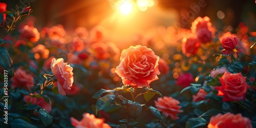 Sunset Glow in a Tranquil Rose Garden. Concept Nature, Sunset, Garden, Tranquil, Rose