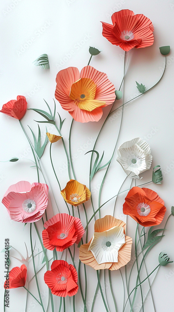 A bunch of pretty, colorful, wild poppies, layered paper-style white background, vertical A bunch of pretty, colorful, wild poppies, layered paper-style white background, vertical