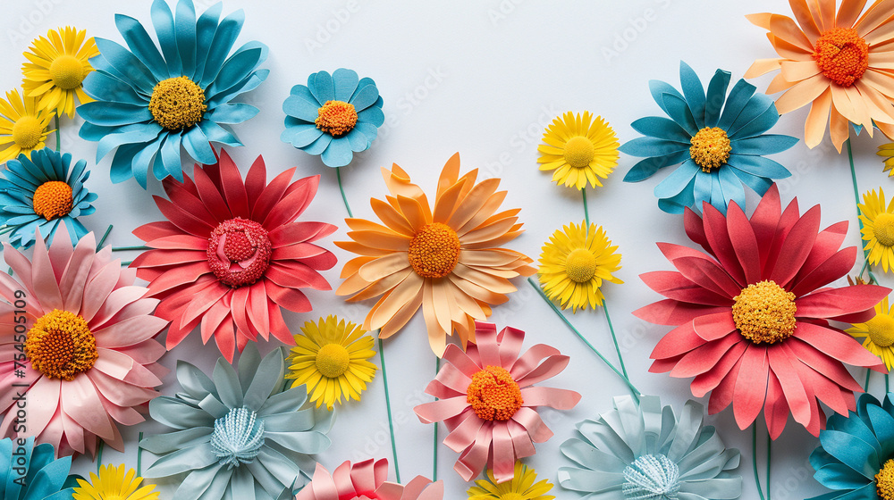 Fototapeta premium colorful spring flowers, layered paper style on an isolated white background