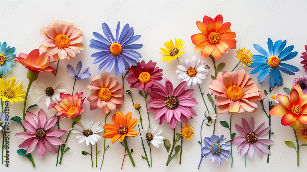 Obraz premium layered paper style, colorful spring flowers on an isolated white background, 