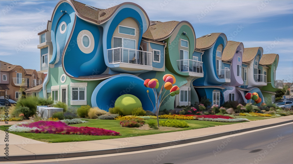 Whimsical cartoon-like houses with bright colors and balloon sculptures in front of them.