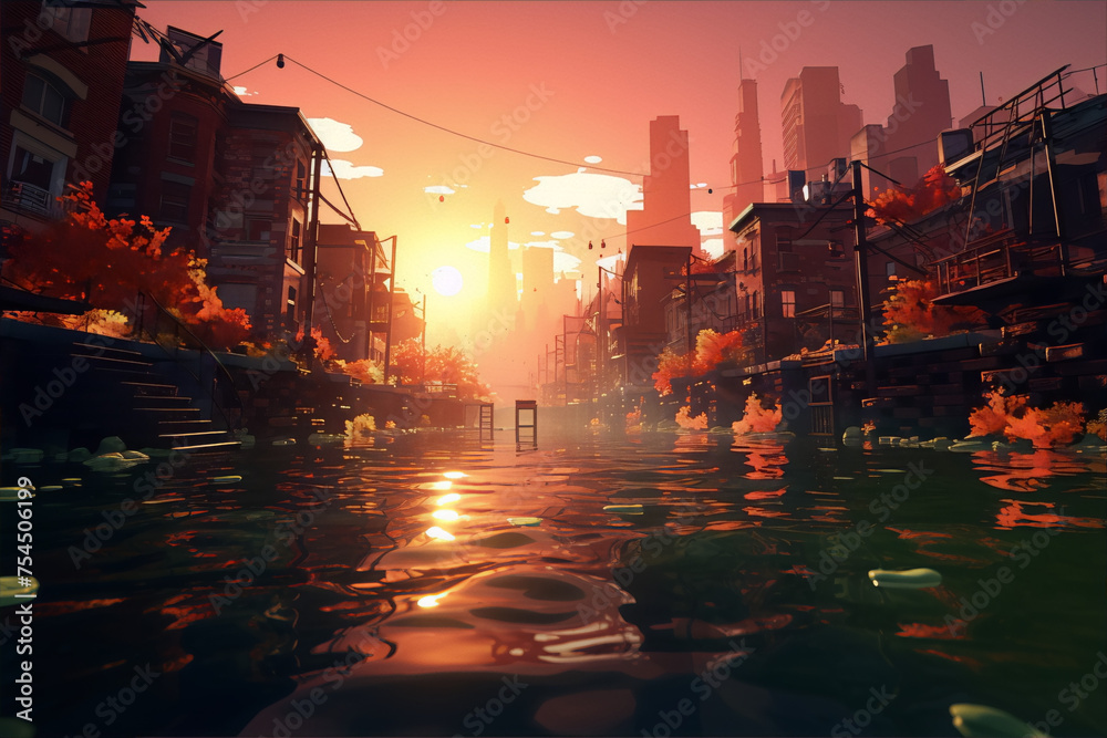 City flooded with water at sunset in an impressionist style with warm colors - obrazy, fototapety, plakaty 