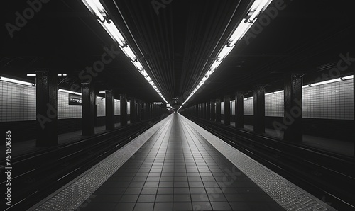 A stark underground world, illuminated by bright white lights, reveals the hidden symmetry of a bustling subway line in the heart of the monochrome cit © Olha