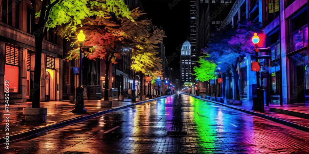 City street at night with colorful lights reflecting off the wet pavement