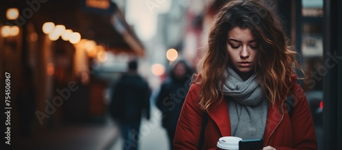 A woman is seen walking down a street while holding a cup of coffee. She appears focused on her surroundings as she moves along the sidewalk. photo