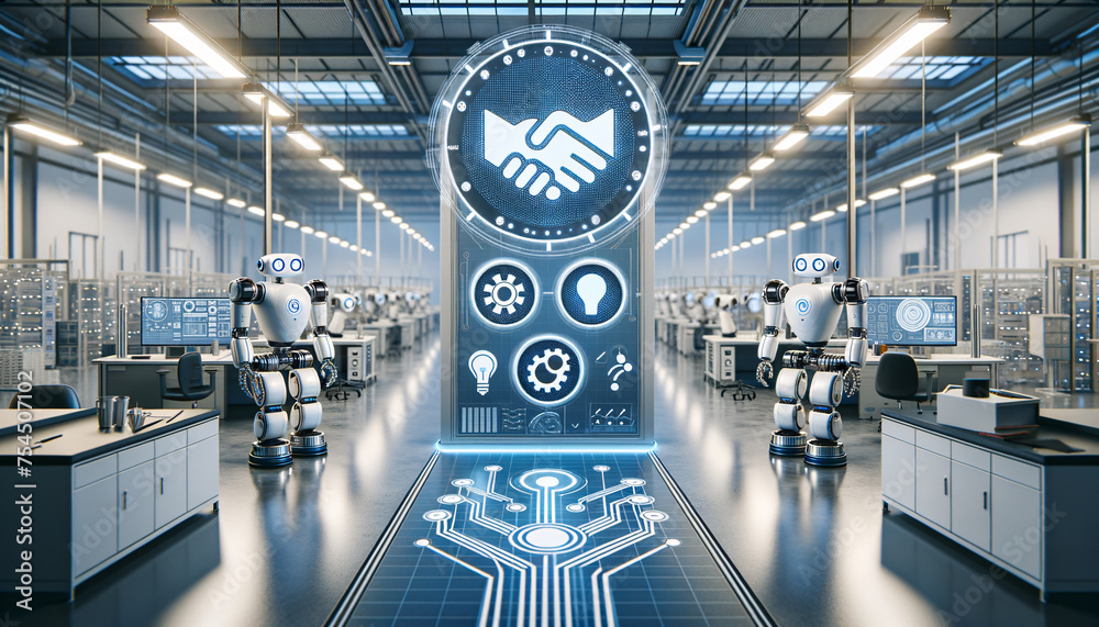 Collaborative robots in futuristic workspace with minimalist interface