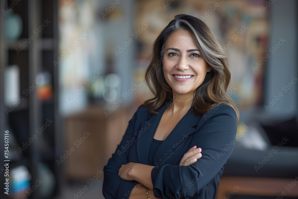 A confident and smiling Latin middle-aged businesswoman stands in her office with arms crossed, looking directly at the camera for a portrait.