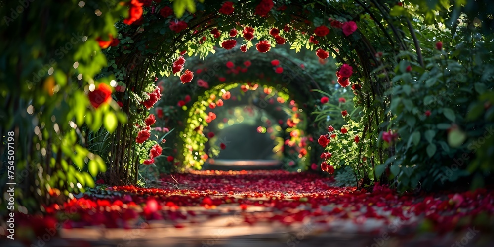 Vibrant Scene of a Rose Archway Leading to a Secret Garden. Concept Secret Garden, Rose Archway, Vibrant Scene, Floral Photography