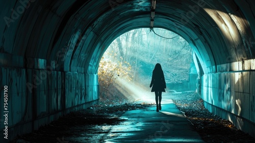 Solitary Figure Walking Through Sunlit Tunnel