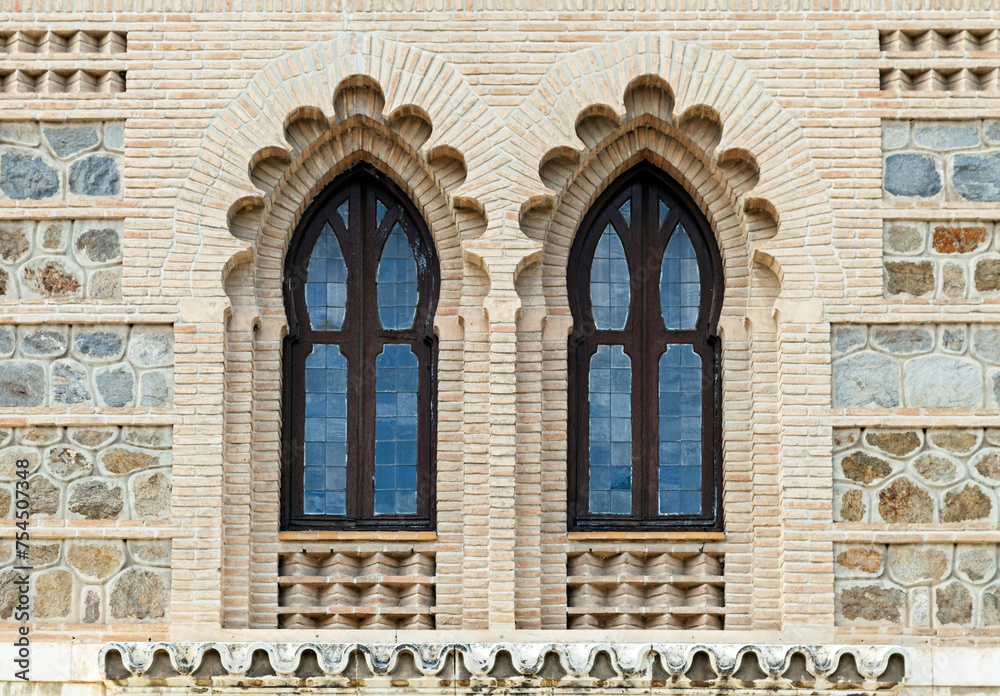 Ornate windows in moorish style in Toledo railway station
