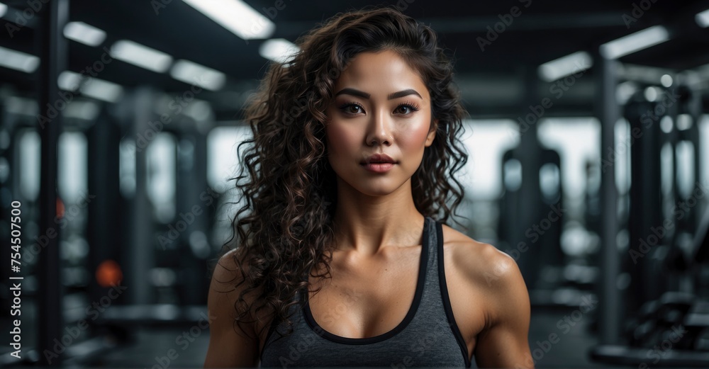 Stunning Asian fitness enthusiast with dark, curly hair, captured in high-resolution 8K quality with a 50mm lens