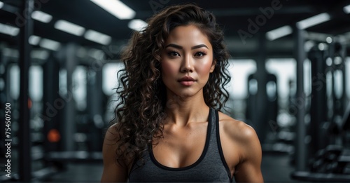 Stunning Asian fitness enthusiast with dark  curly hair  captured in high-resolution 8K quality with a 50mm lens