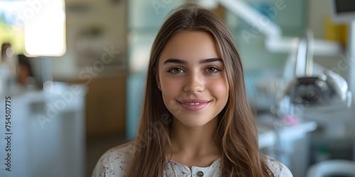 A happy young European woman sits in a dental chair satisfied with dental services. Concept Dental Services, Customer Satisfaction, European Woman, Dental Chair, Happy Expression