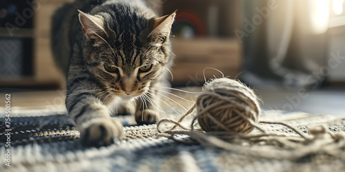 Gatinho listrado brincando com novelo de lã em ambiente acolhedor sob luz natural suave